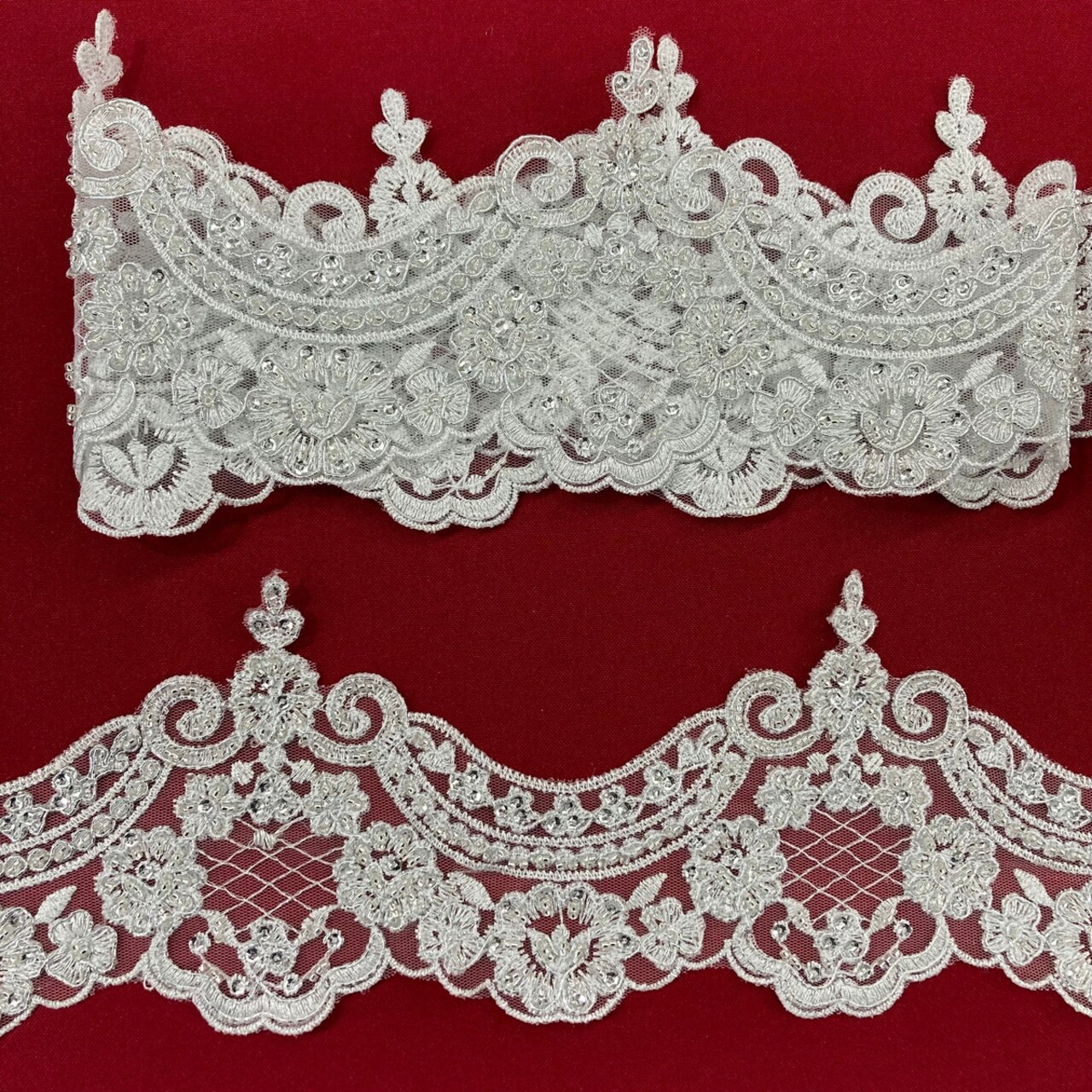 1 Yard Elegant Beaded & Corded Embroidered Lace Trim on 100% Polyester Mesh